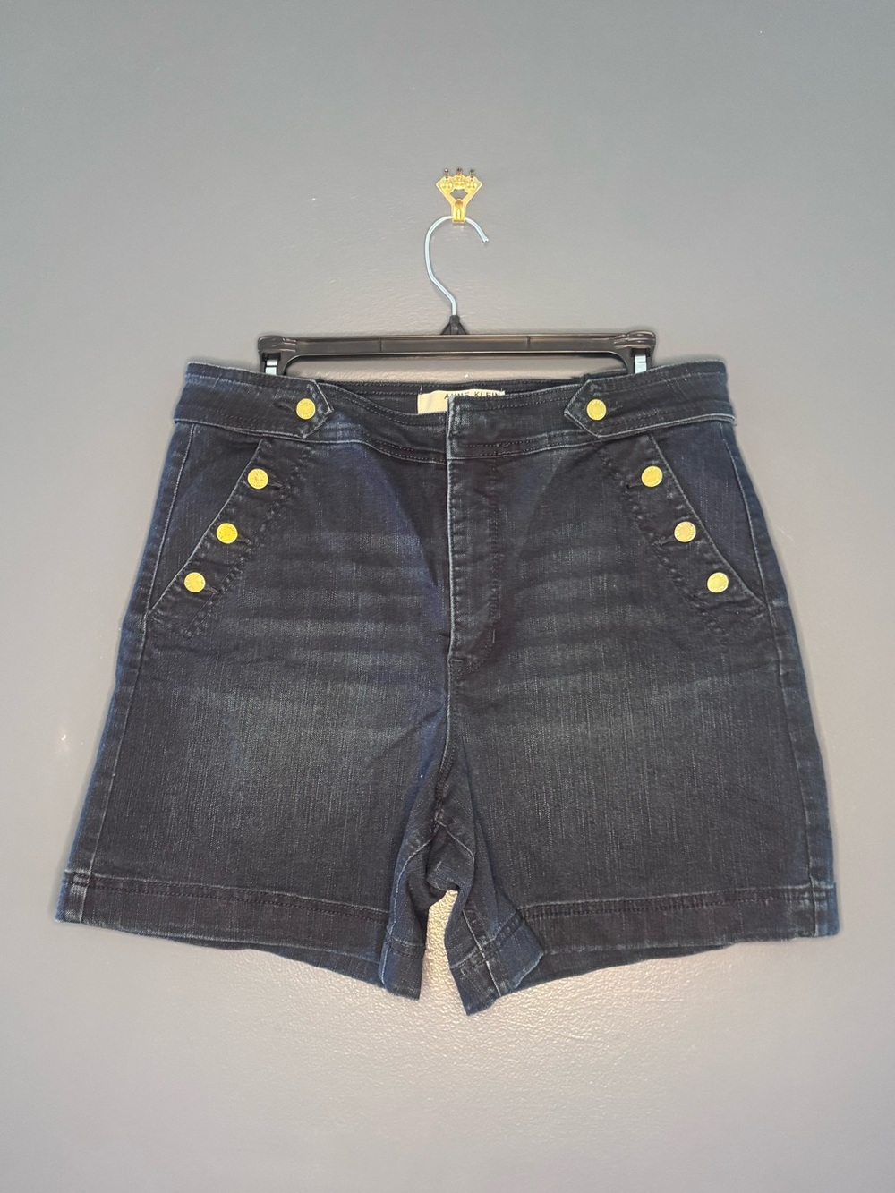 Anne Klein Dark Denim Shorts with Gold Button Accents High Waist Woman’s Size 12